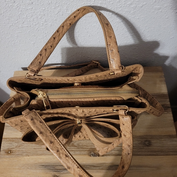 Ostrich Bow Faux Leather 3 Compartment Satchel - Camel - Picture 6 of 13